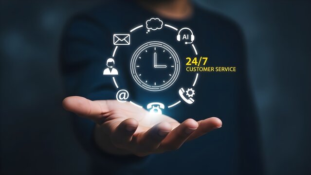 A person holds a digital illustration representing 24/7 customer service, featuring a clock, icons for communication, and the words "24/7 Customer Service".