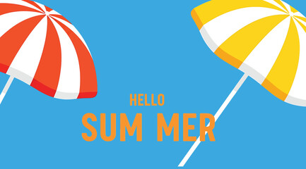 Vibrant summer greeting design with &ldquo;HELLO SUM MER&rdquo; in orange text on bright blue background, flanked by red-white and yellow-white beach umbrellas&mdash;perfect for seasonal promotions, social media, and d