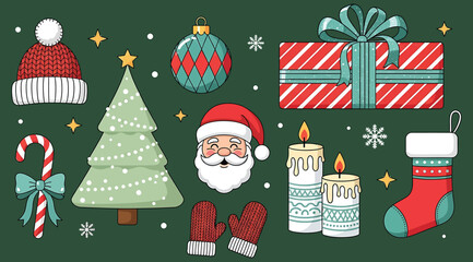 Collection of pixel art christmas and holiday icons including santa claus face, knitted hat, ornament, gift box, candy cane, tree, candle, mitten, and stocking set against a dark green background