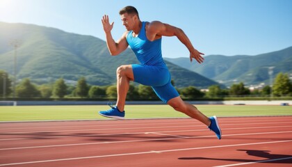 Muscular male athlete in blue sportswear sprinting with powerful motion on a red track during a workout at an outdoor stadium on a sunny day with mountains in the background