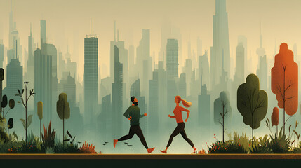 People Running in City Park with Urban Skyline