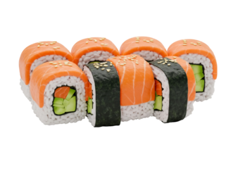 Salmon sushi roll isolated PNG, traditional Japanese cuisine with rice, seaweed, cucumber, and fish on transparent background