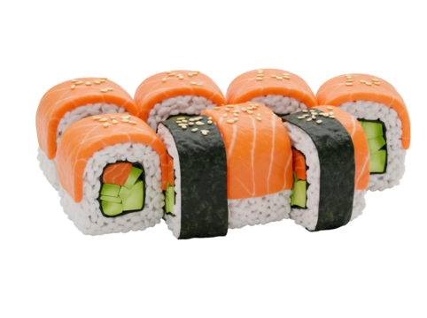 Salmon sushi roll isolated PNG, traditional Japanese cuisine with rice, seaweed, cucumber, and fish on transparent background