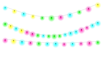 Festive String Lights with a Transparent Background in Pink, Green, Yellow, and Cyan