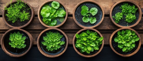 Obraz premium Eight round wooden bowls filled with various green aquatic plants, displayed on a rustic wooden surface.