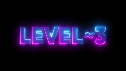 Neon glowing L E V E L 3 text animation futuristic digital display vibrant purple blue light
