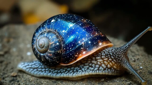 Snail with a shell resembling a starry night sky crawling on a rock surface
