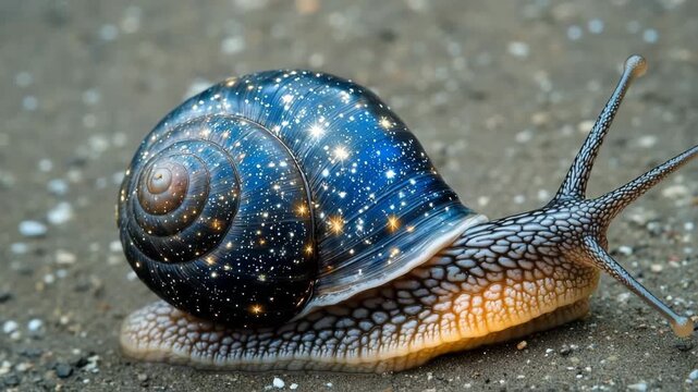 Snail with a shell resembling a starry night sky crawling on a rock surface