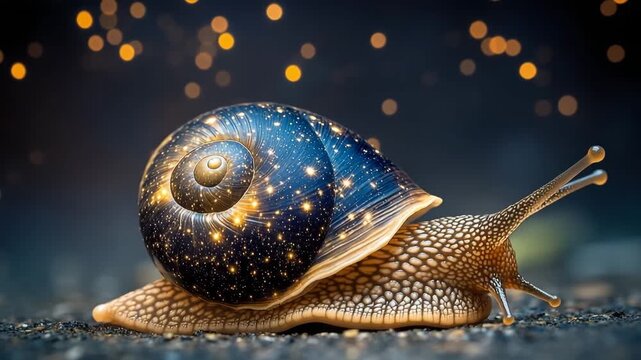 Snail with a shell resembling a starry night sky crawling on a rock surface