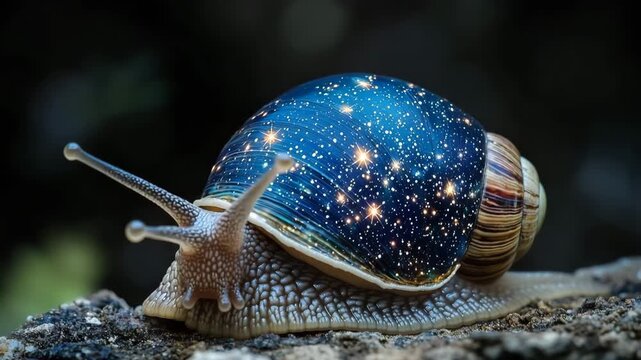 Snail with a shell resembling a starry night sky crawling on a rock surface