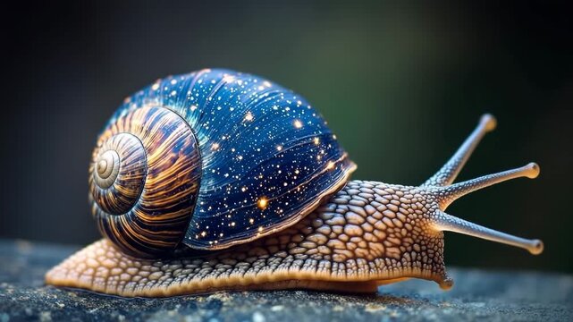 Snail with a shell resembling a starry night sky crawling on a rock surface