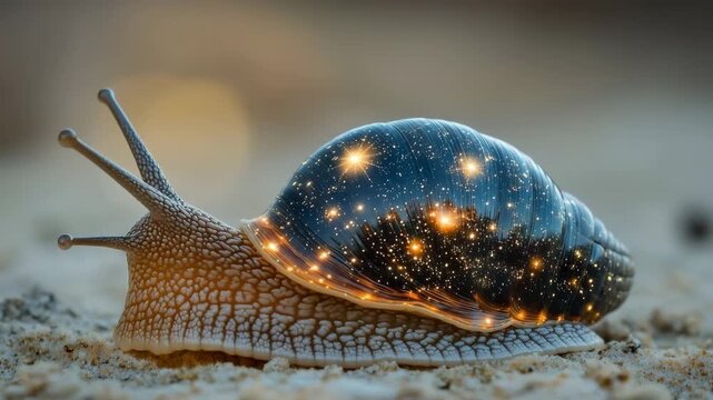 Snail with a shell resembling a starry night sky crawling on a rock surface