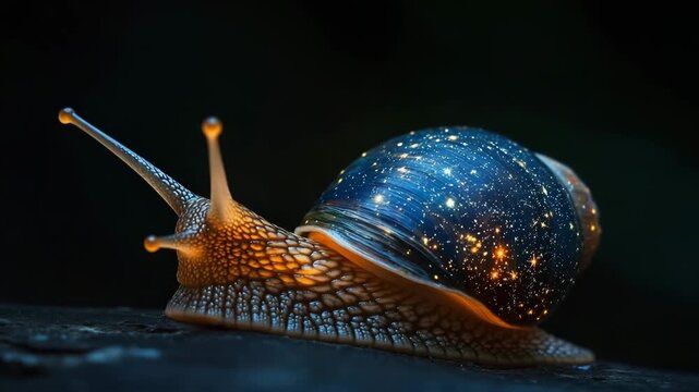 Snail with a shell resembling a starry night sky crawling on a rock surface