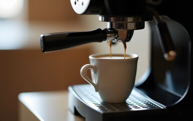 Cup of coffee on coffee maker machine. High quality
