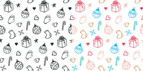 Winter holiday seamless pattern. Outline isolated Christmas element, free hand drawn doodle cartoon style. Black or Colourful marker texture brush stroke, white background. Cute vector illustration