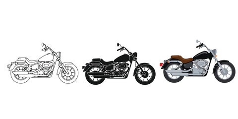 Three motorcycle illustrations showing outline, silhouette, and full color versions