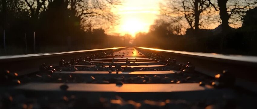 Low angle shot of railroad tracks receding into a bright sunset surrounded by dark tree silhouettes