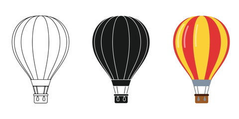 Obraz premium Three hot air balloon icons showing outline, silhouette, and full color illustration