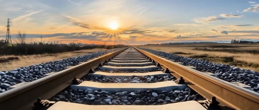 Straight railway tracks stretch toward the bright setting sun over a vast dry grassy landscape