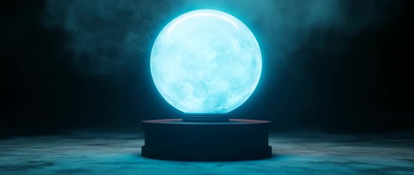 A large glowing cyan sphere rests upon a dark pedestal in a mysterious foggy environment The intense blue light illuminates the surrounding mist and shadowy ground