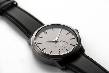 Elegant wristwatch with a gray face and black leather strap on a white background