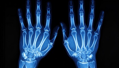 X-ray of adult human hands, showcasing the bones, joints, and skeletal structure for medical and diagnostic purposes.