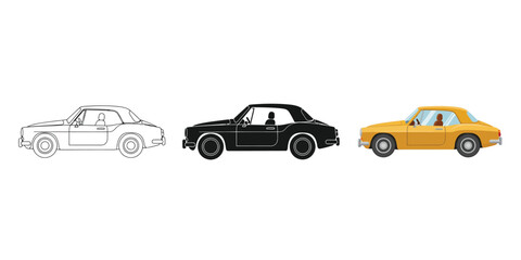 Fototapeta premium Three classic coupe car illustrations showing outline, solid black silhouette, and full color yellow version