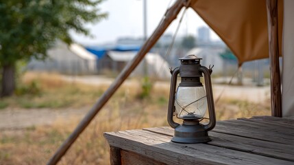 A vintage kerosene lantern sits on a rustic wooden surface at an outdoor campsite with tents in the background