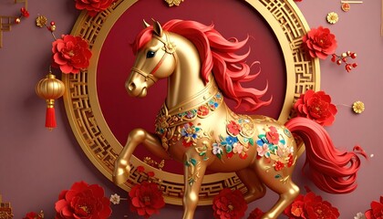 Golden ornate horse with red mane and floral patterns, surrounded by traditional Chinese New Year decorations