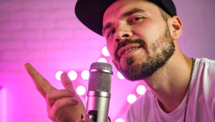 Young Bearded Man Rapping into Microphone under Pink Stage Lights