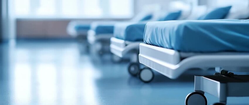 Close up view of multiple modern hospital beds featuring blue sheets aligned in a sterile ward Reflective blue floor and bright lighting emphasize the clinical environmen