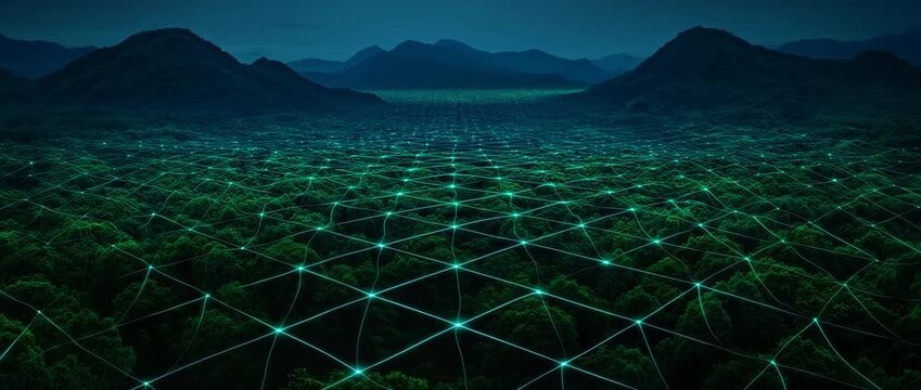 Dark landscape featuring green forest valleys connected by a glowing digital network grid spanning across the terrain Futuristic visualization of ecological monitoring