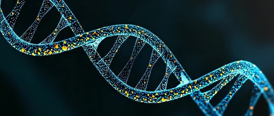 Abstract visualization of a blue glowing DNA double helix structure against a dark background The genetic strand is made of interconnected particles and points - Powered by Adobe