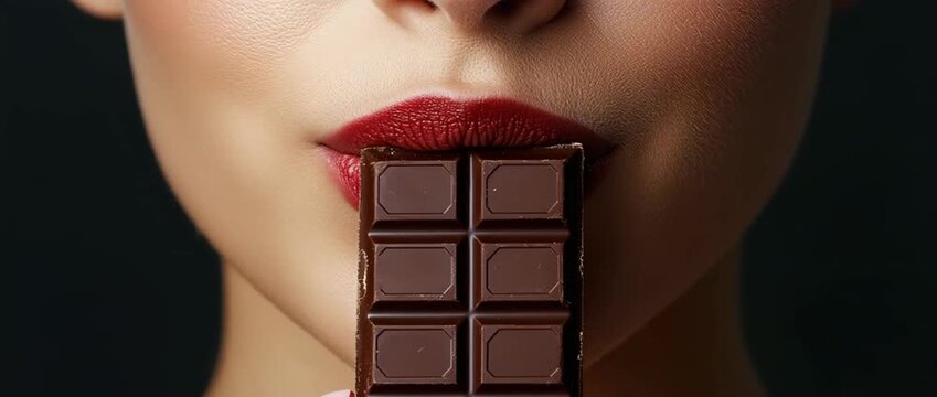 Close up view of lush red lips touching a segmented bar of dark chocolate The person is preparing to eat the rich dessert against a dark studio background