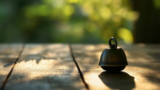 Video A single bell sits on top of a wooden table, awaiting use