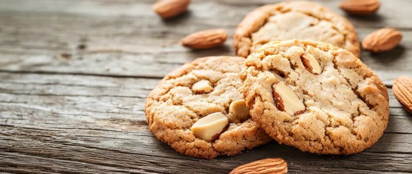 Close up shot of homemade almond cookies and scattered nuts on a rustic wooden background Delicious bakery dessert snacks