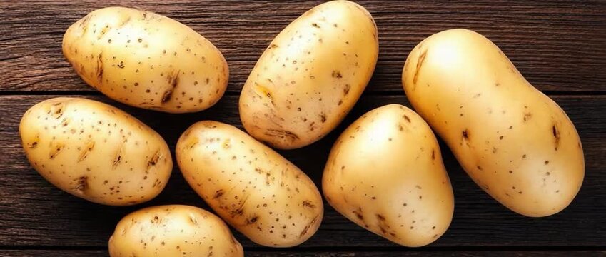Fresh whole yellow potatoes with light skin are arranged on a textured dark brown wooden background Overhead view of raw tubers