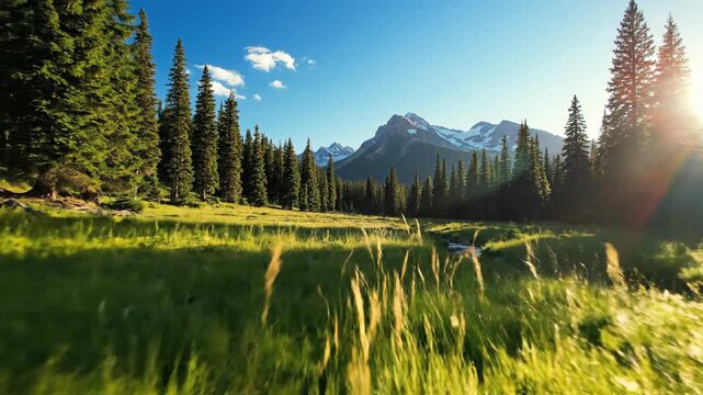 Lush green meadow and evergreen forest with snow capped mountain backdrop under bright blue sky