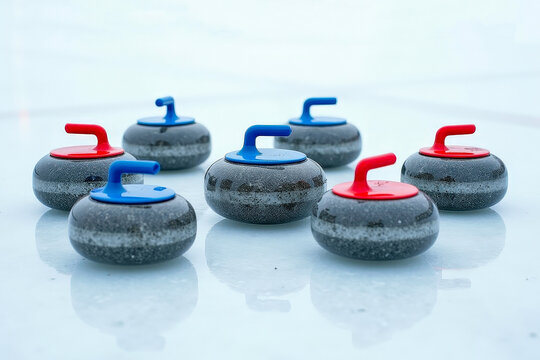 Colorful curling stones arranged on smooth ice surface, creating dynamic winter sport atmosphere focused on strategy, precision, teamwork and competitive curling gameplay