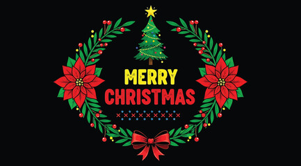 Christmas greeting design with decorated tree, yellow star, red bow, and wreath of poinsettias and green leaves on black background. Bold &ldquo;MERRY CHRISTMAS&rdquo; text adds cheer to seasonal cards and promot