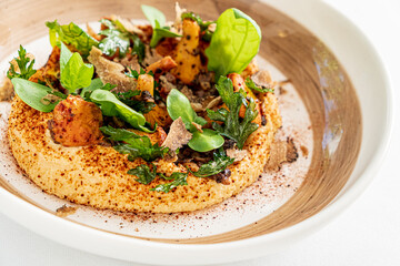 A vibrant bowl of creamy hummus with fresh herbs, spices, and colorful roasted vegetables on top