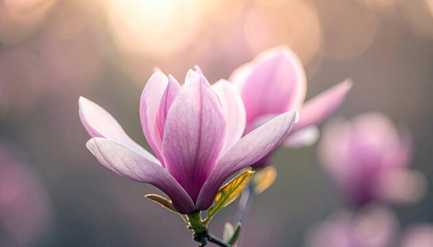 Close-up of a pink magnolia flower in bloom with soft sunlight.