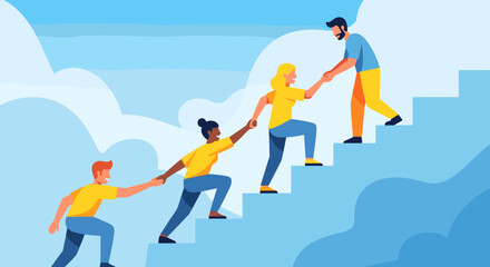 A diverse group of people collaboratively ascends a staircase, illustrating powerful teamwork, mutual support, and shared ambition towards achieving collective success.