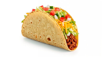 Soft Flour Tortilla Taco Filled with Seasoned Beef, Fresh Vegetables, and Shredded Cheese on a Clean White Background