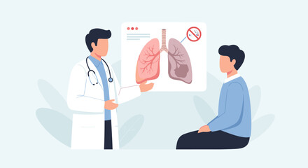 A doctor explains a serious lung disease to a concerned male patient during a medical consultation in a modern flat vector illustration.