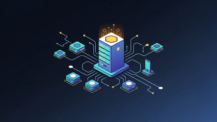 Cloud computing network server data center connection and database system infrastructure isometric illustration