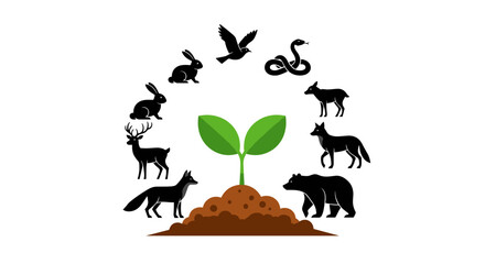 A vibrant green plant emerges from fertile soil, encircled by diverse animal silhouettes, illustrating the delicate balance and vital interconnectedness of an ecosystem.