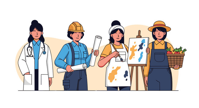 Diverse women representing various successful professions, showcasing empowerment and career opportunities in a modern flat design illustration.