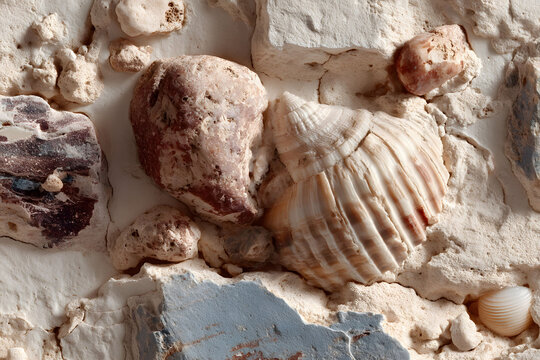 Coastal Fossils and Seashells in Textured Background for Nautical Design