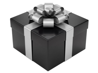 Elegant black gift box with silver ribbon isolated PNG, present for special occasions and holidays on transparent background